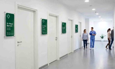 Green signs beside white doors.