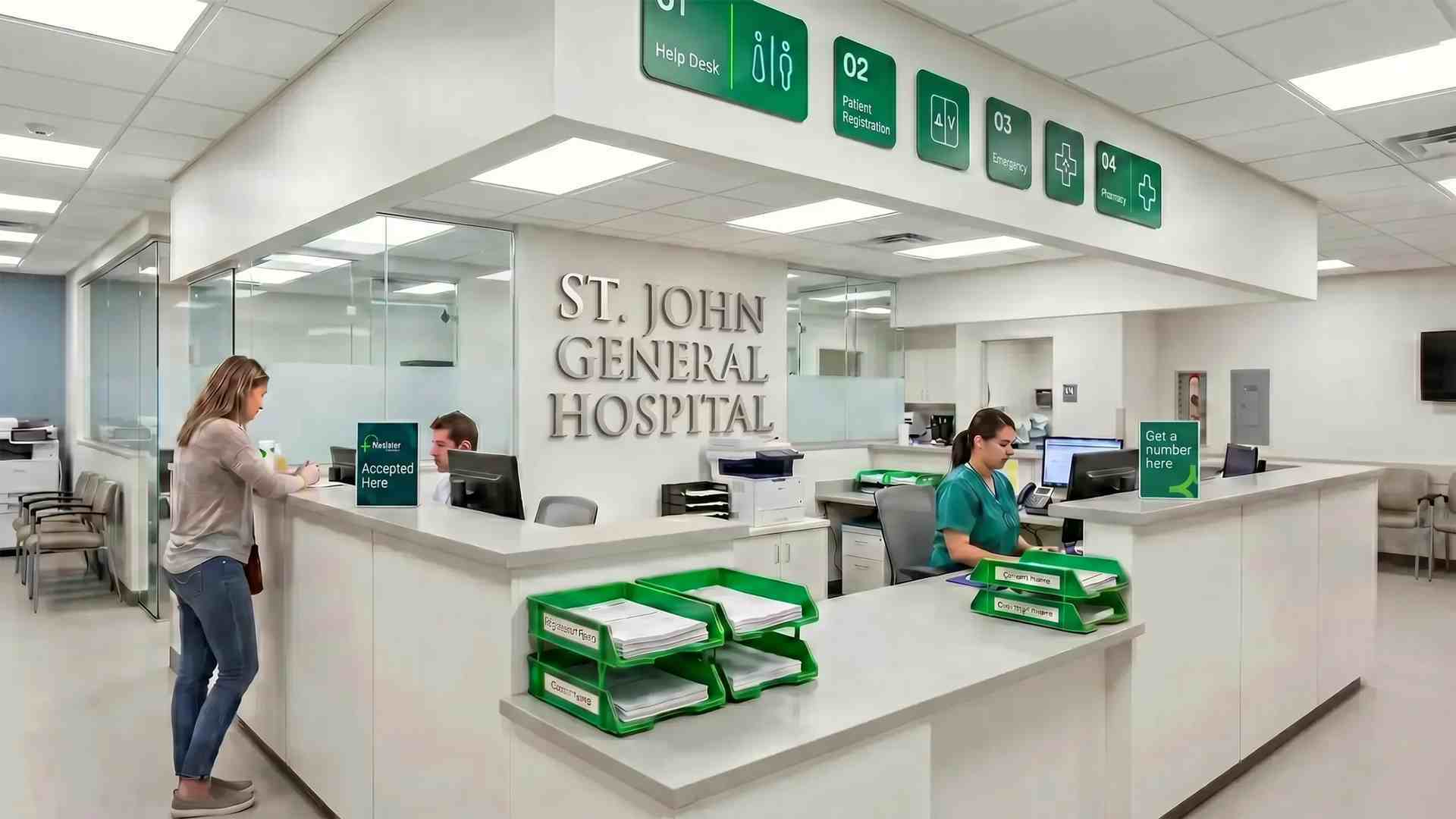 People standing at reception desk.