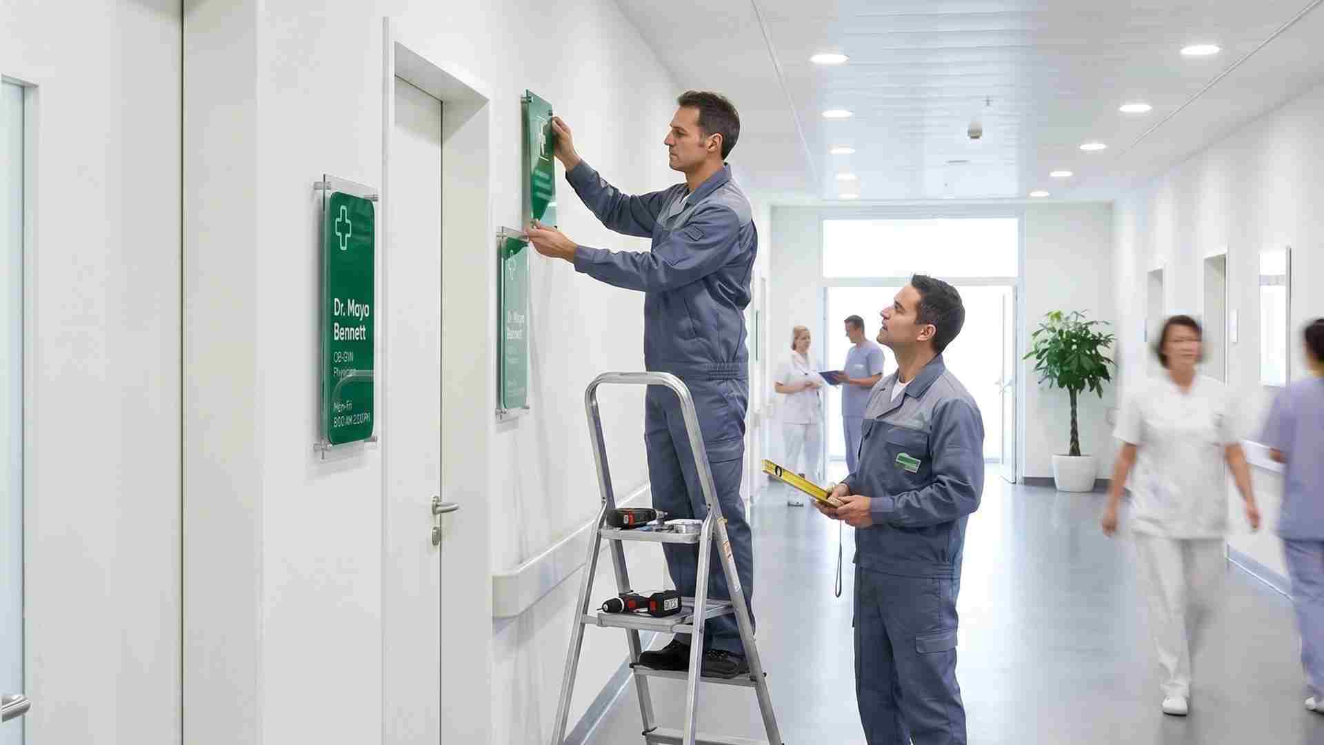 Workers hanging signs on wall.