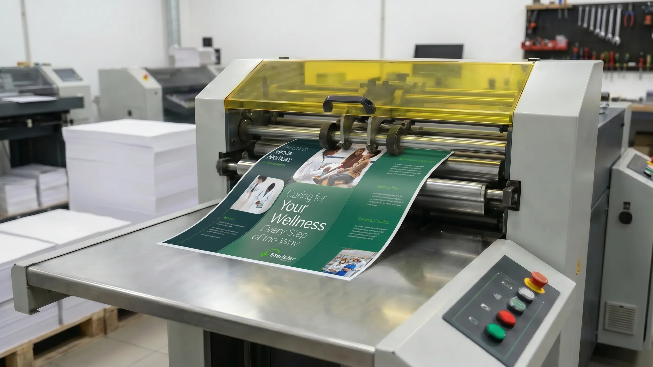 Healthcare brochures being printed on a production machine