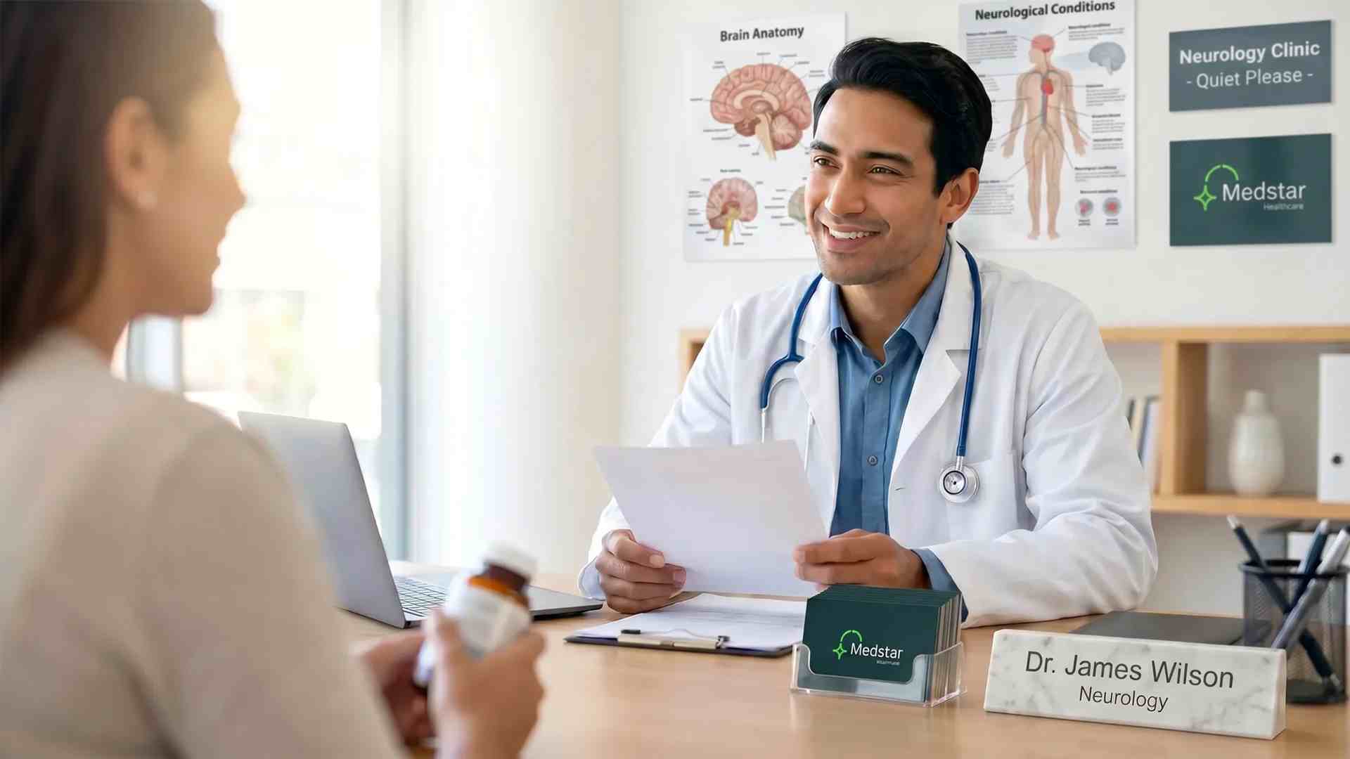 Smiling doctor speaking with patient.