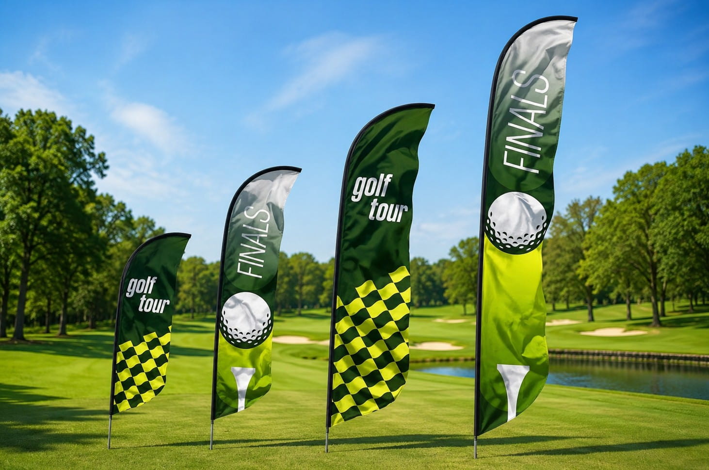 feather flags on windy golf course