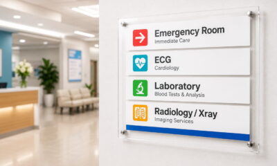 modern hospital reception signage and lobby
