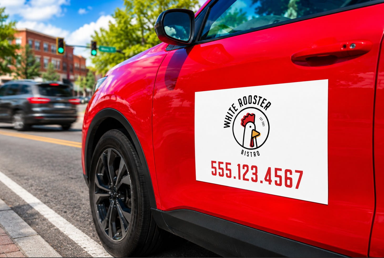 red car with magnet sign