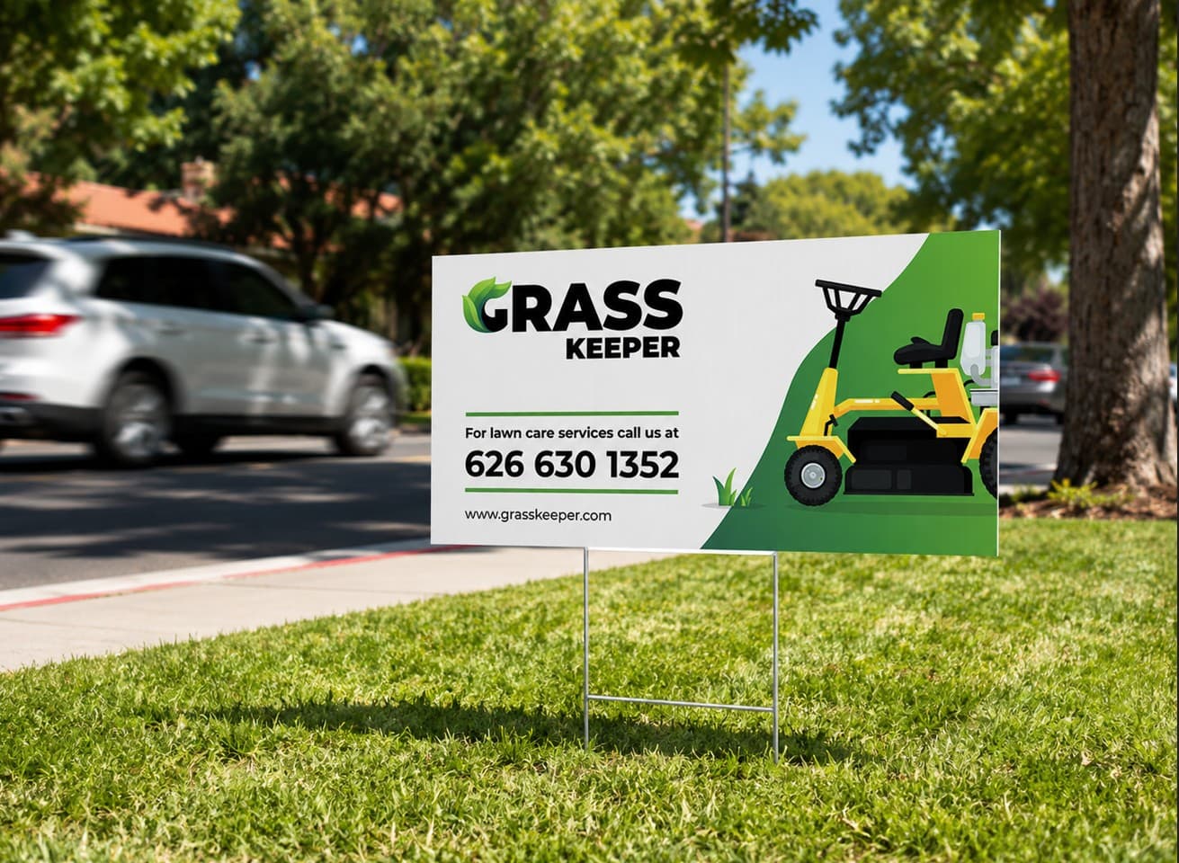 yard sign on lawn with passing cars