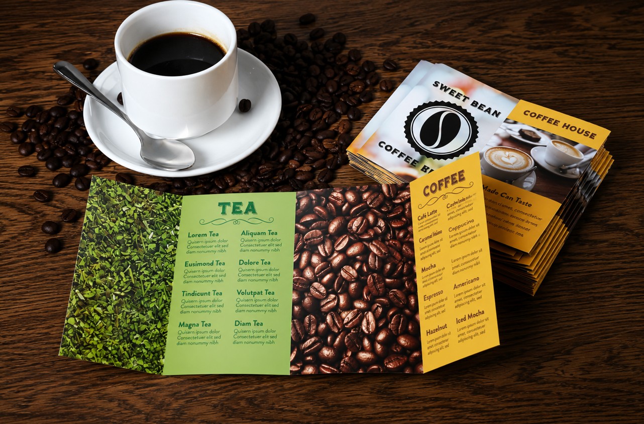 Tri-fold coffee house menu displayed on a wooden table