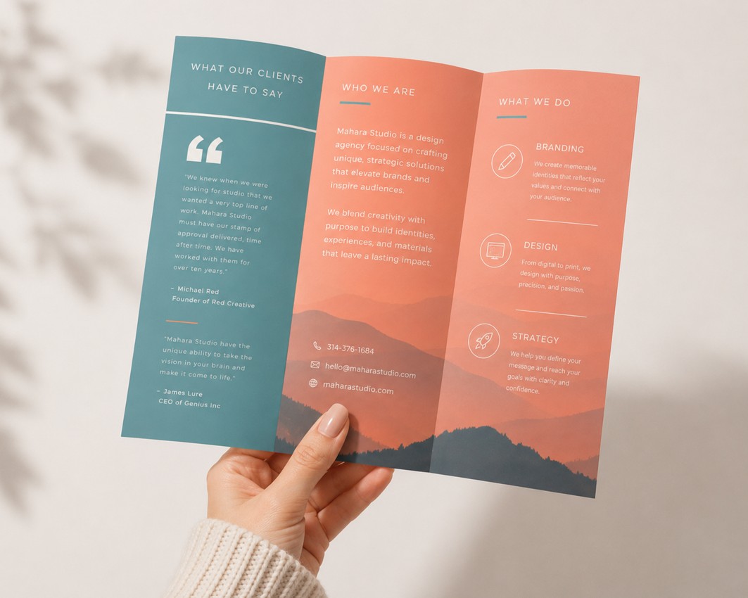 A hand holding an open, modern tri-fold business brochure