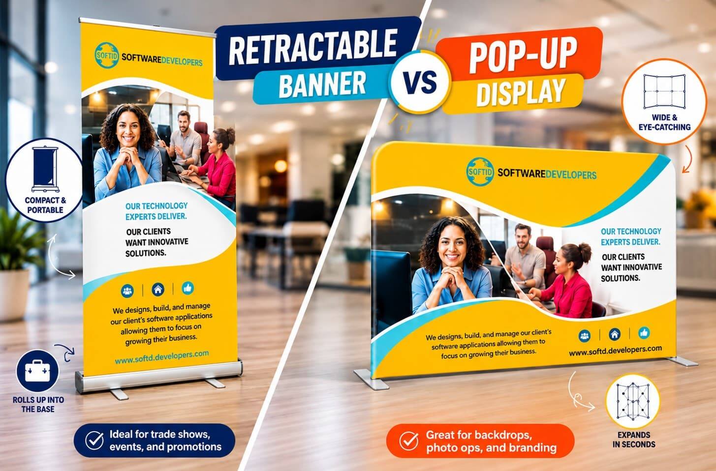 Comparison of retractable and pop-up banners.