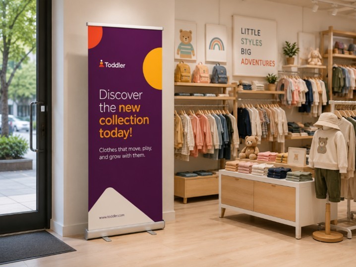 Retractable banner display inside clothing store.