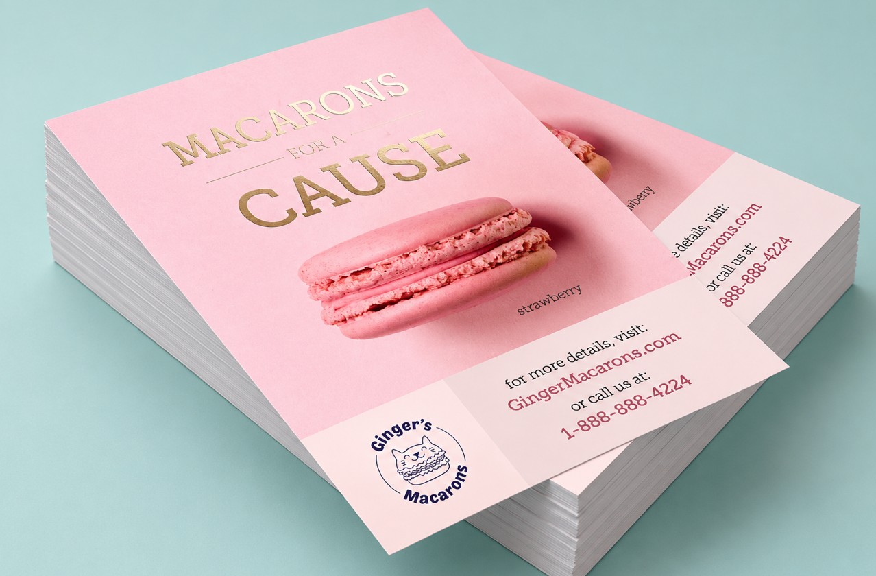 A stacked pile of pink promotional flyers for a macaron charity event