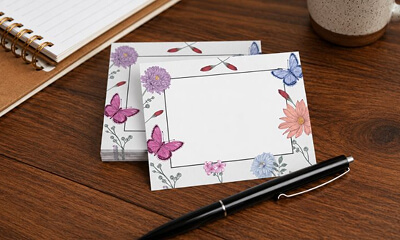 Floral stationery cards and a pen on a wooden desk