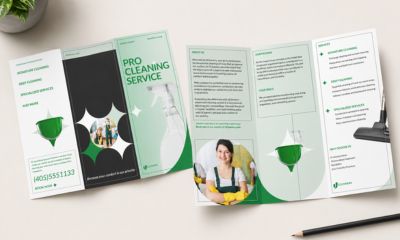 Print-ready tri-fold brochure displayed on a desk