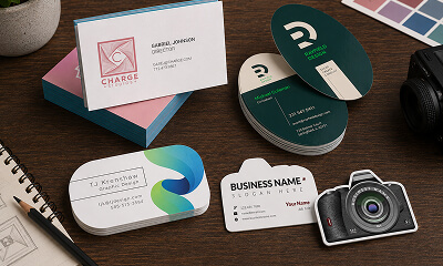 Custom-shaped business cards on a wooden desk