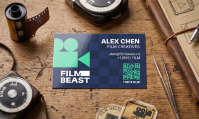 Filmmaker business card with a camera logo and portfolio QR code