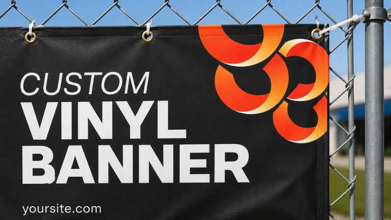 Black vinyl banner hung on a chain-link fence using metal grommets