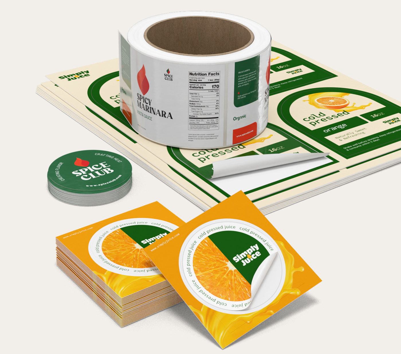 Various custom labels and stickers, including roll labels, sheet labels, and round stickers, arranged for product packaging display.