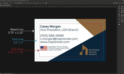 Business card design template showing bleed line, trim line, and safe zone guides
