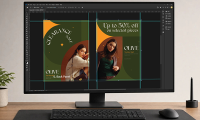 Flyer design template on a computer screen showing bleed, trim, and margin guidelines
